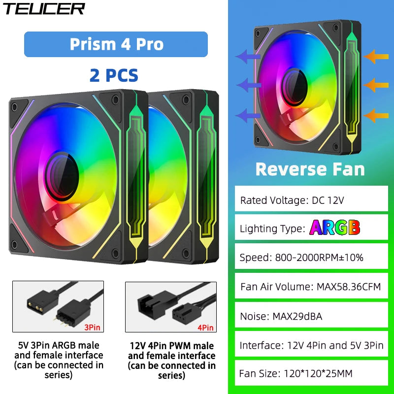 TEUCER Prism4 Pro 12cm ARGB Fan PC Case Fan Kit 4pin PWM CPU Cooling Fans 3pin 5v RGB Gaming Computer Fan
